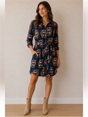 Navy Printed Button-Front Shirt Mini Dress with Tie Waist